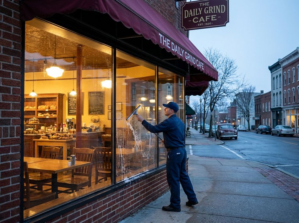 Window cleaner squeegeeing a storefront window